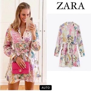 ZARA Viral Blogger Favorite Floral Linen belted Parrot Dress Size M